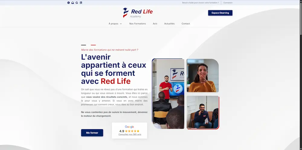 Red Life Academy platform screenshot - Une académie pensée comme un atelier : on apprend en construisant. Ressources, p...