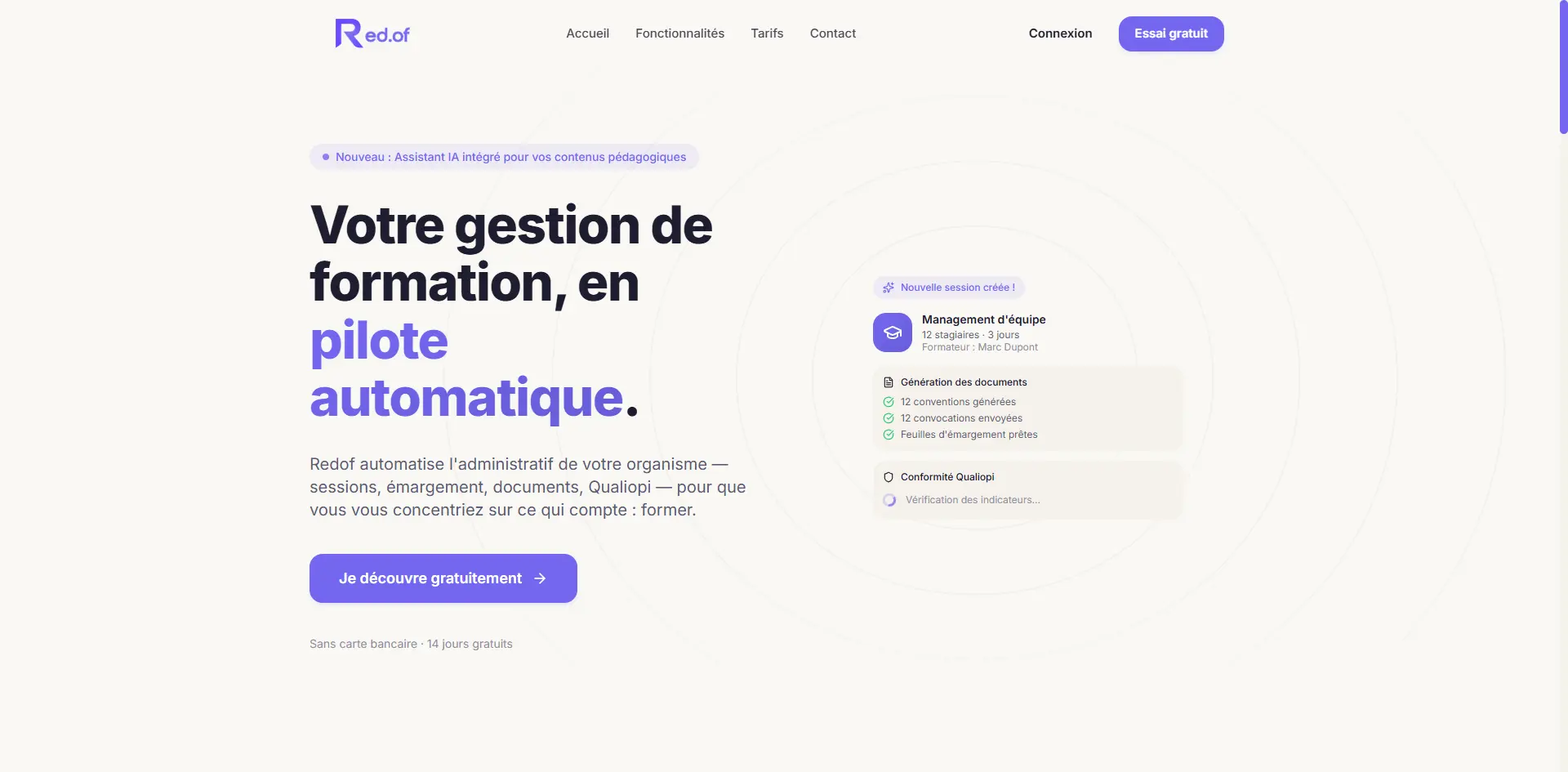 Redof platform screenshot - Plateforme de gestion tout-en-un pour les organismes de formation : sessions, ém...